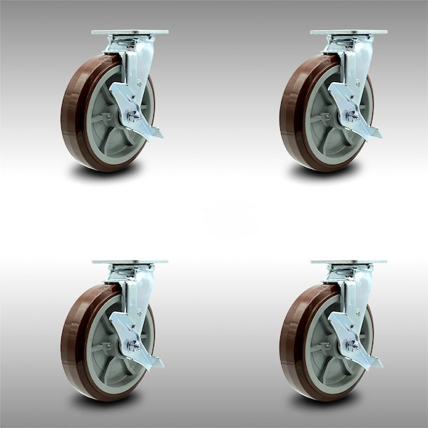 8 Inch SS Polyurethane Swivel Caster Set with Roller Bearings and Brakes SCC